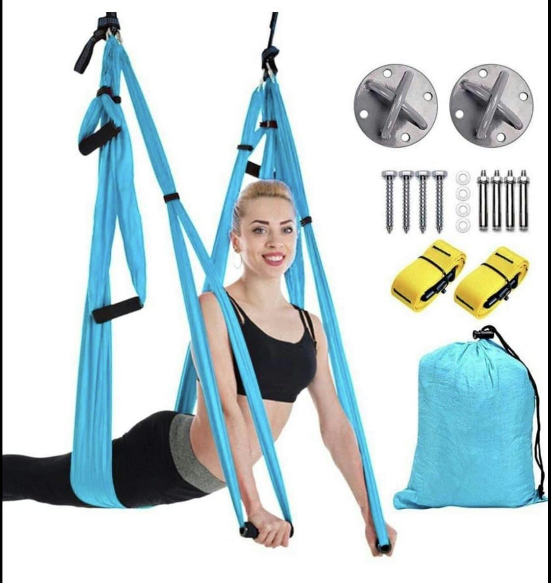 Blue aerial yoga hammock kit with ceiling mounts, carabiners, daisy-chain straps and a carry bag